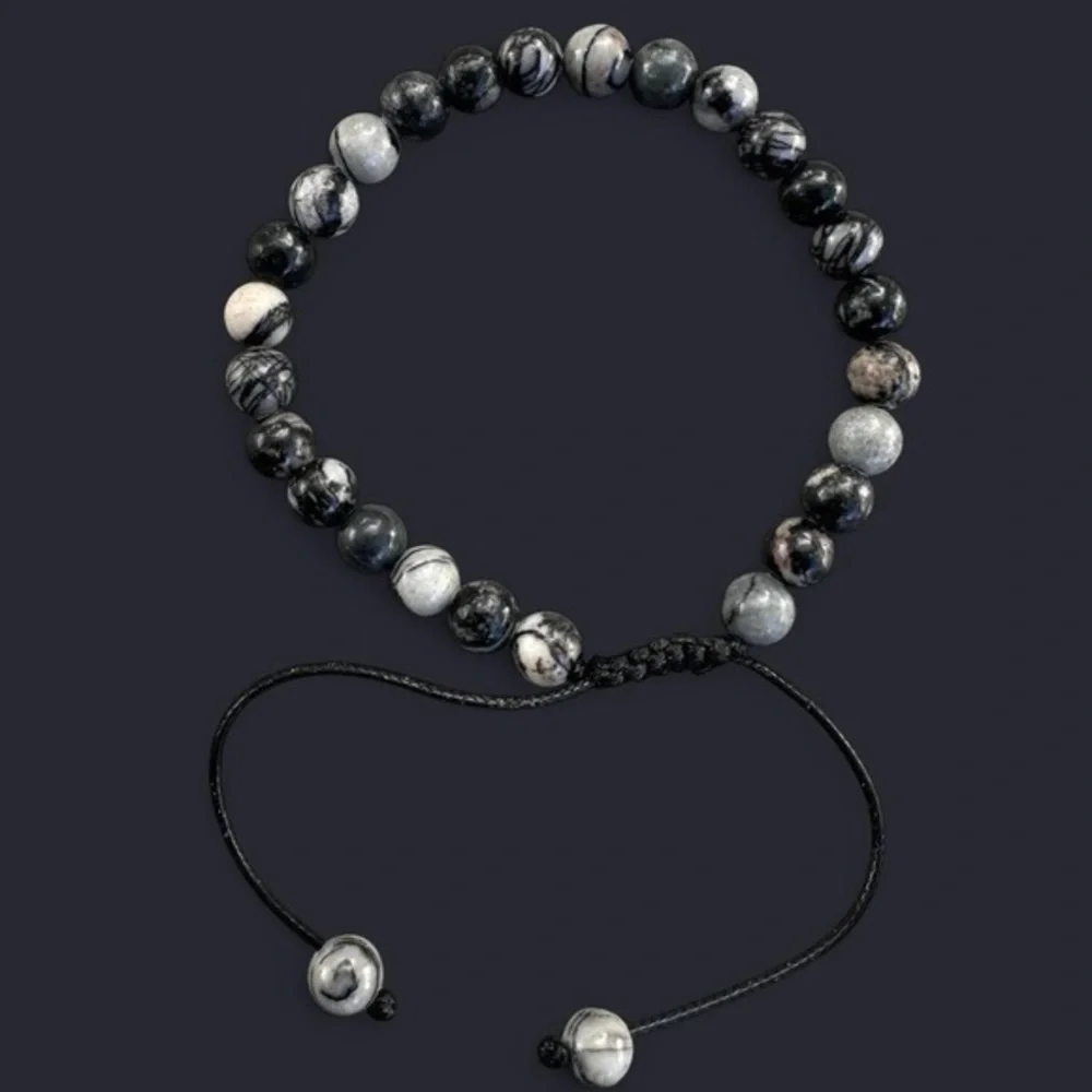 Black Picasso Jasper Adjustable Gemstone Bead Bracelet 6mm